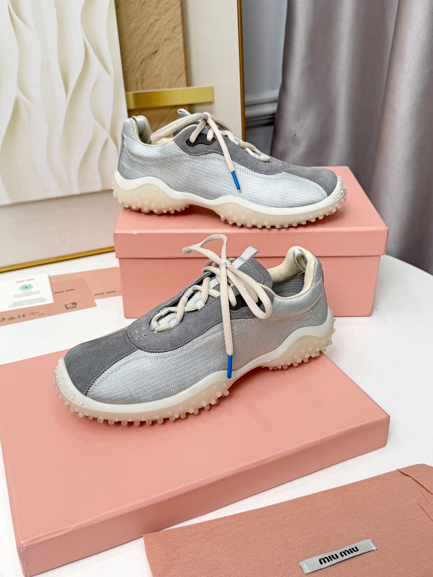 Cloudy Gray Bubble Technical Fabric & Suede Sneakers