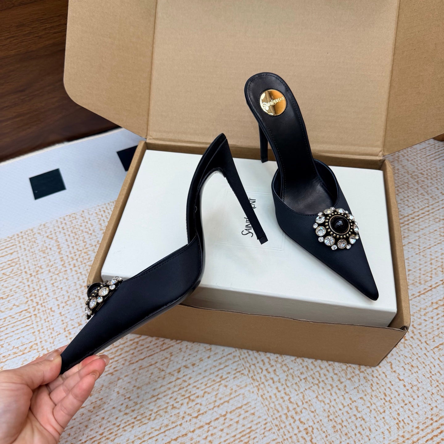 Black Cosmo Mules In Satin