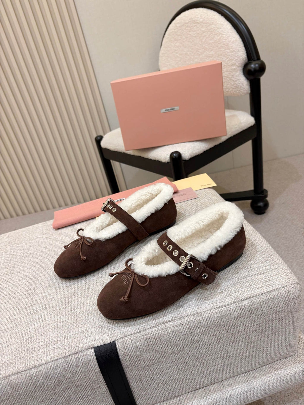 Dark Brown Suede And Shearling Ballerinas
