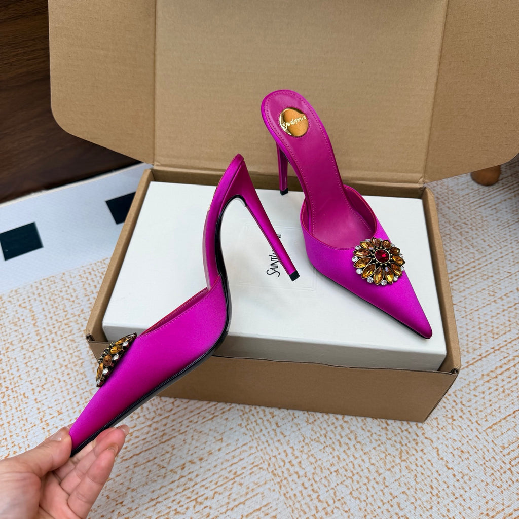 Smashed Prune Cosmo Mules In Satin