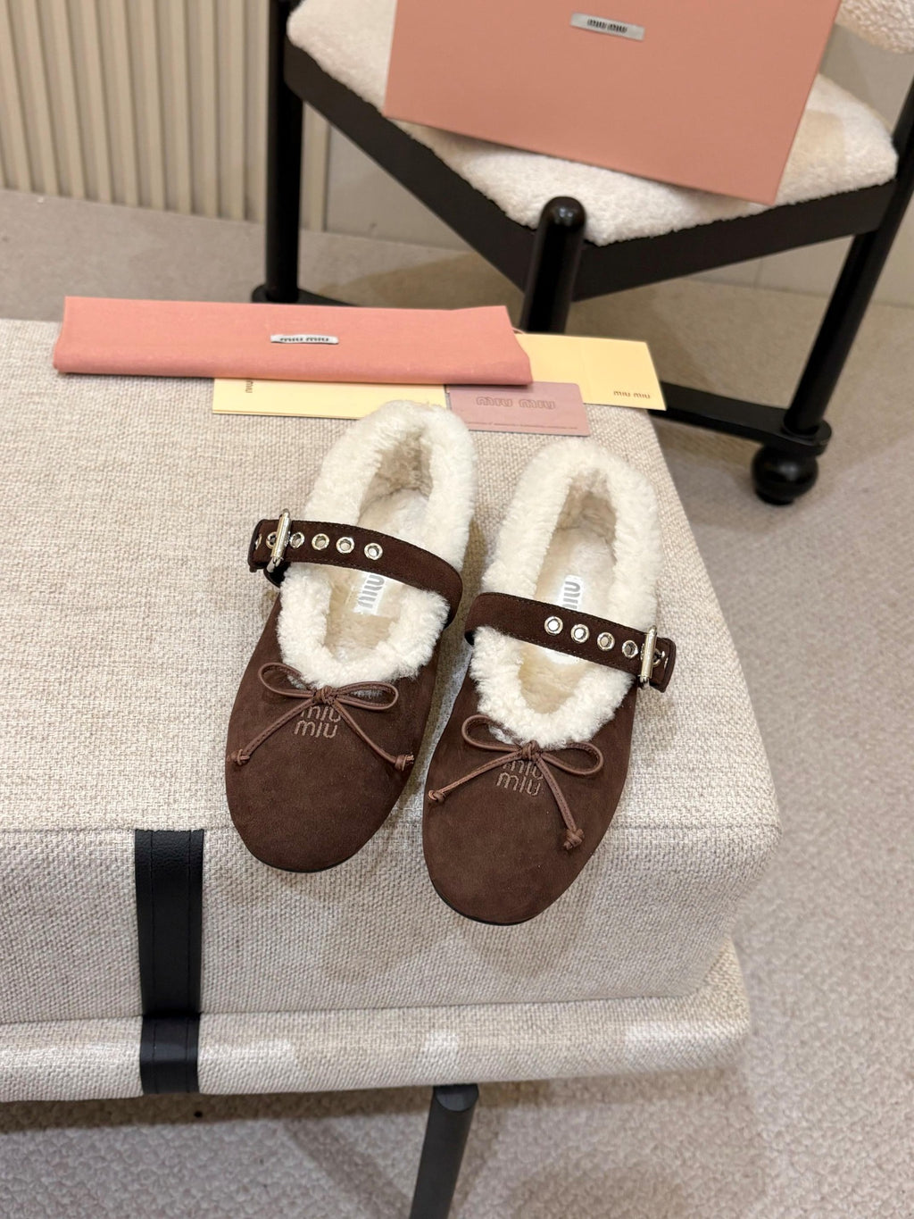 Dark Brown Suede And Shearling Ballerinas
