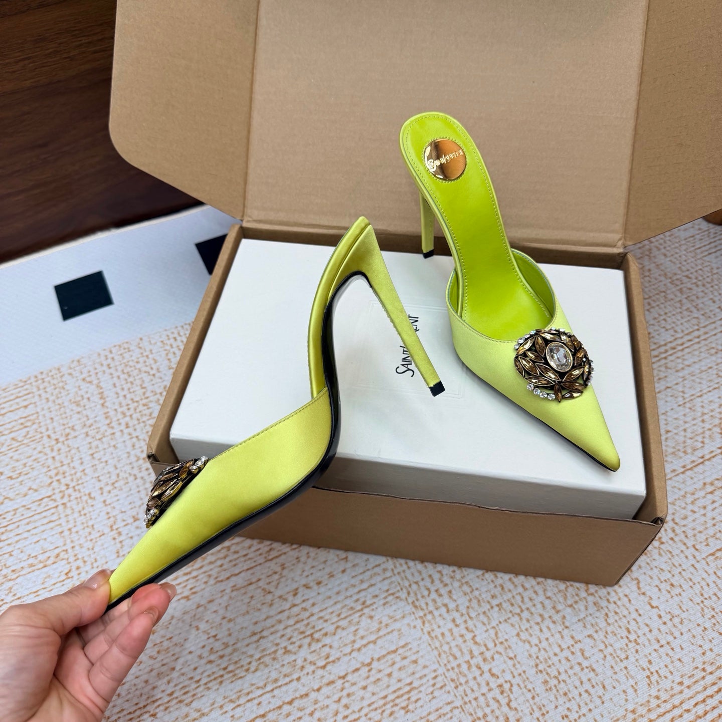Lemon Green Cosmo Mules In Satin