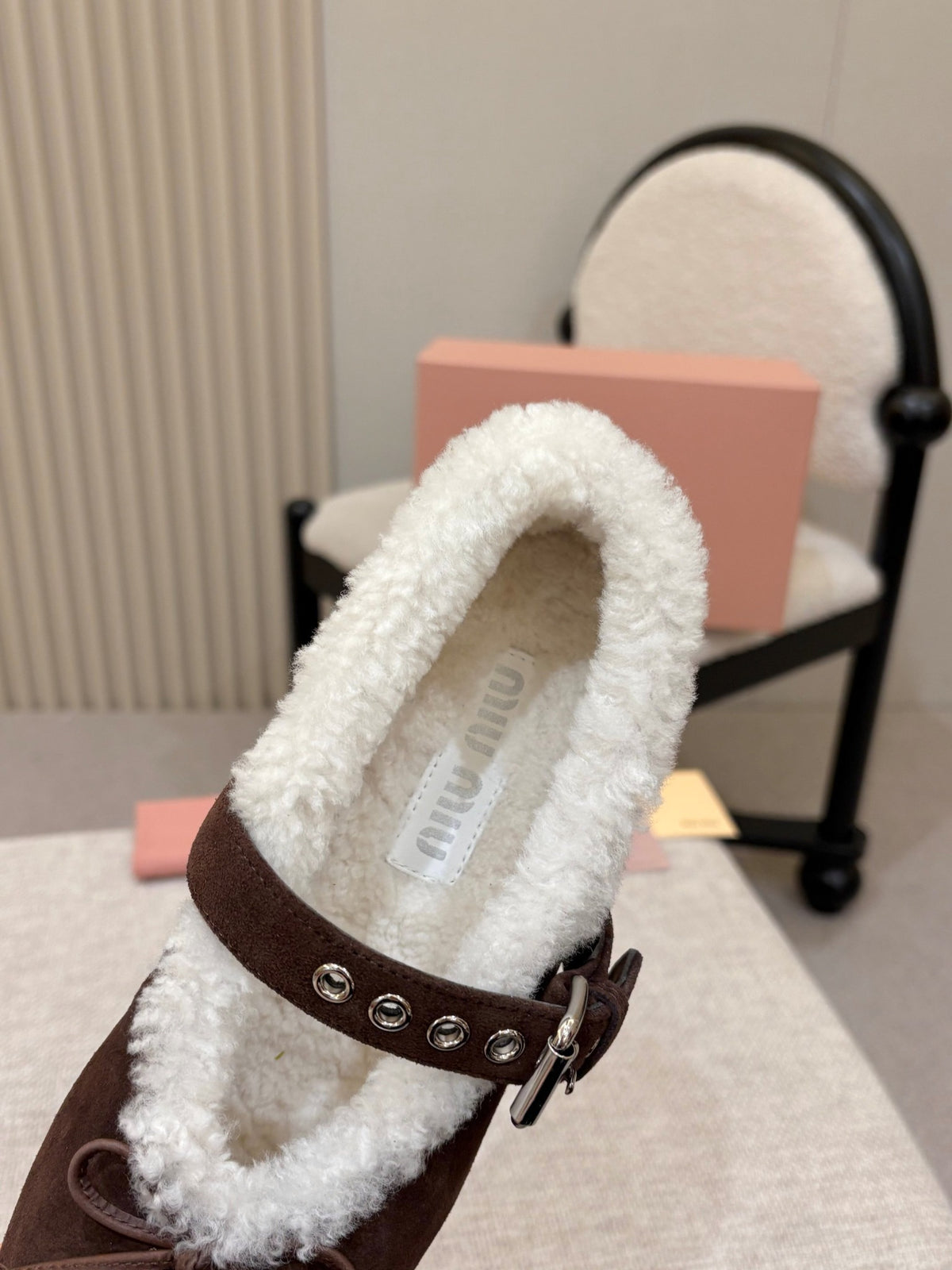 Dark Brown Suede And Shearling Ballerinas
