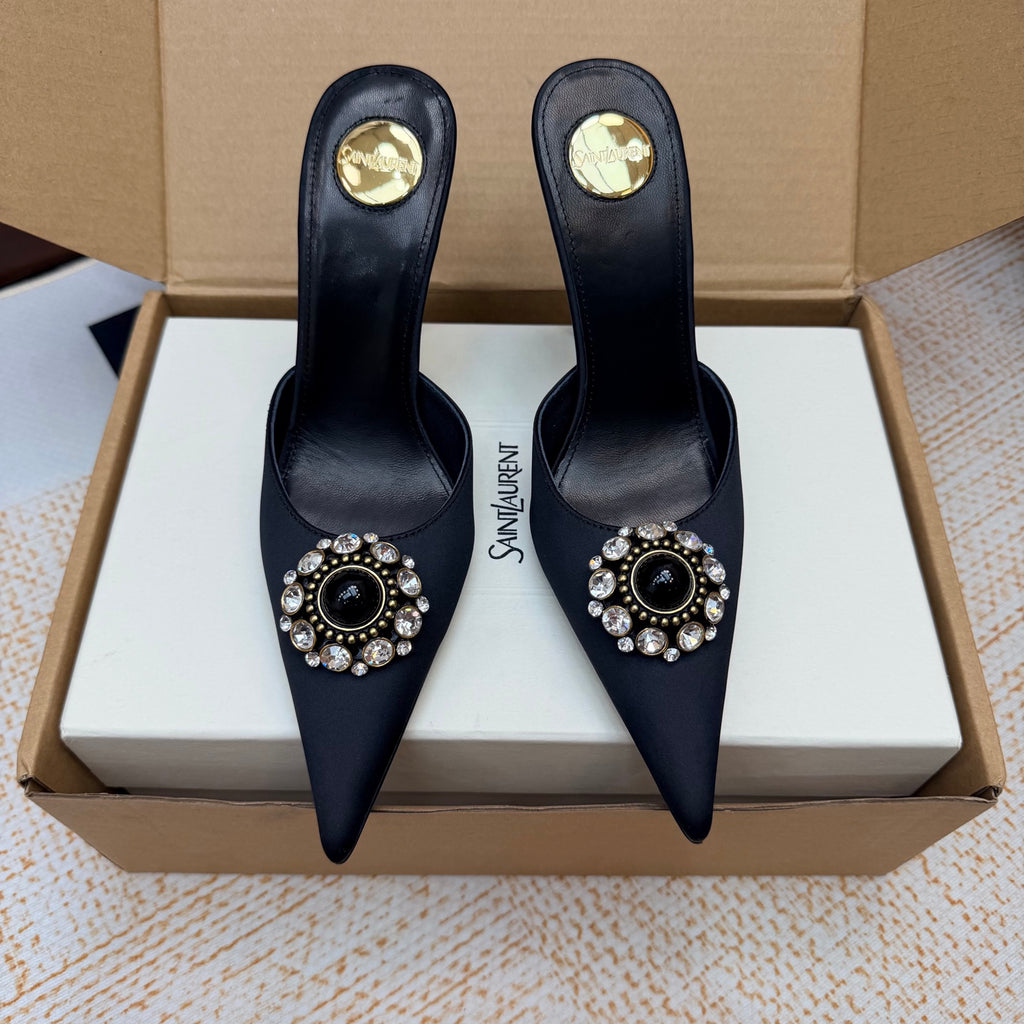 Black Cosmo Mules In Satin