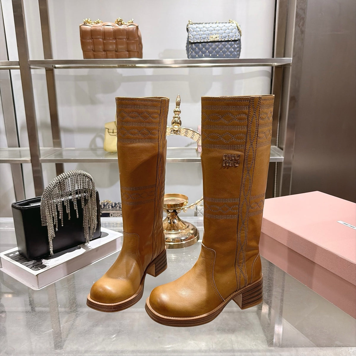 Light Tan Embroidered Leather Boots