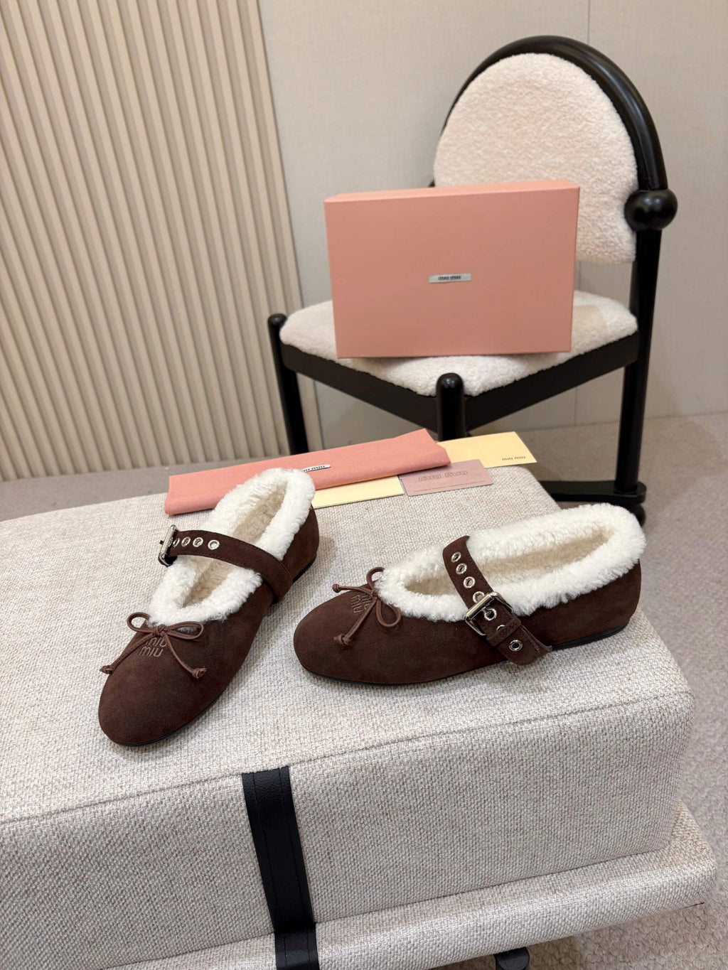 Dark Brown Suede And Shearling Ballerinas