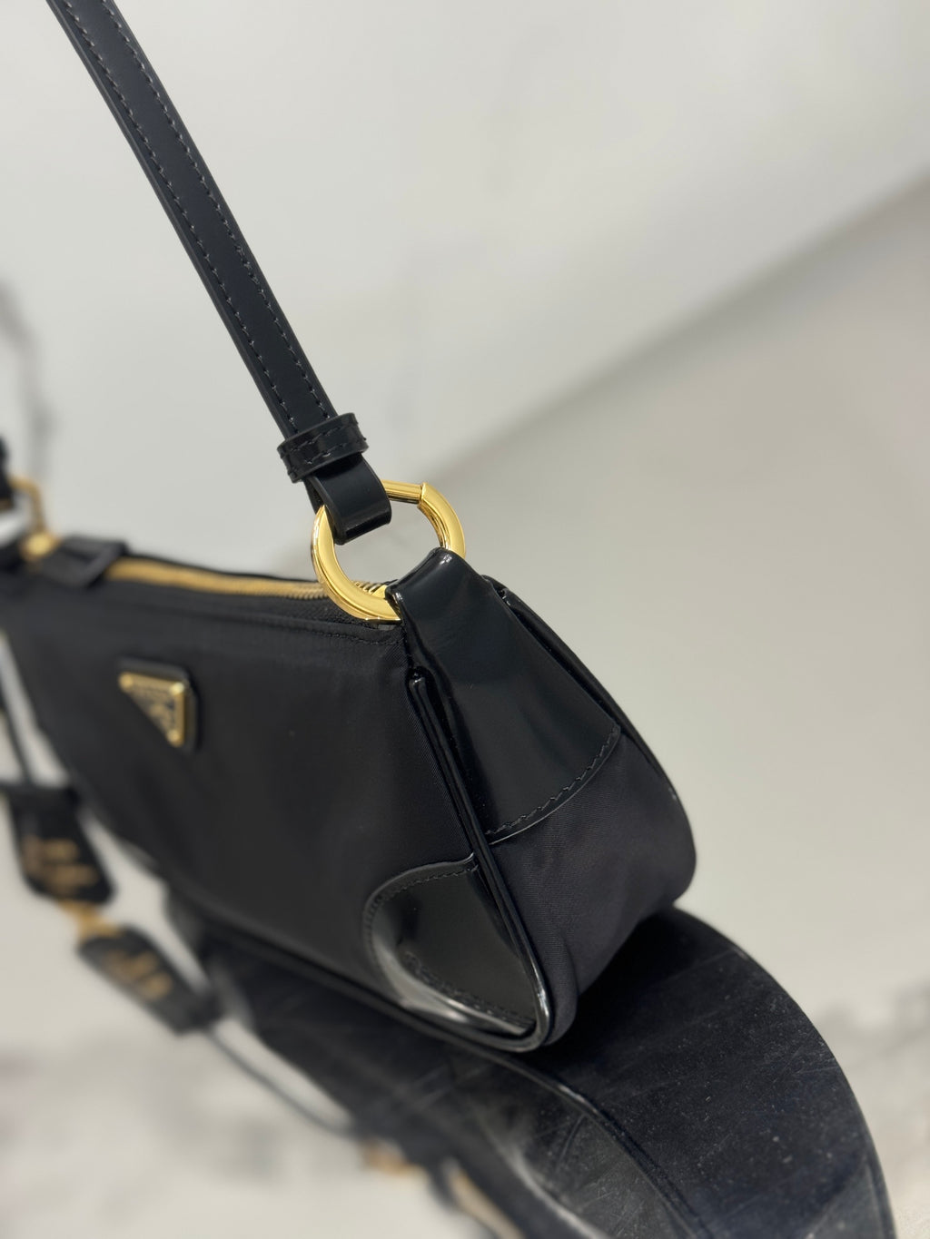 Black Re-Nylon & Brushed Leather Shoulder Bag