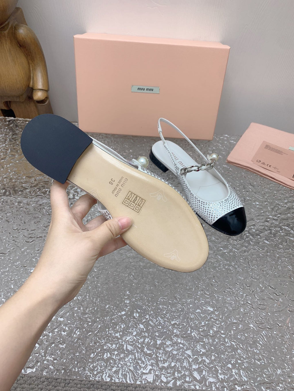 Ivory/Black Satin Slingback Ballerinas With Crystals