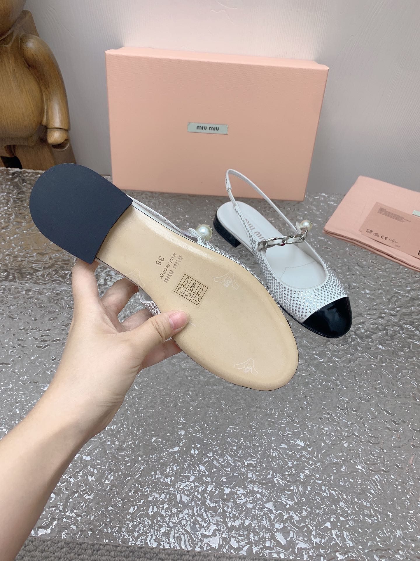 Ivory/Black Satin Slingback Ballerinas With Crystals