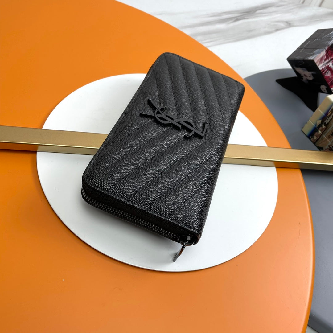 Black Zip-Around Wallet With Gunmetal-Tone Hardware