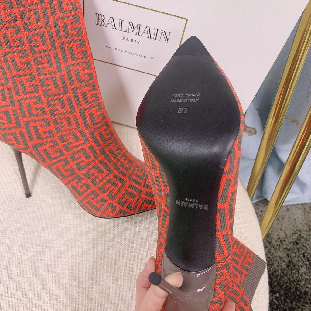 Orange BB stretch knit Skye ankle boots