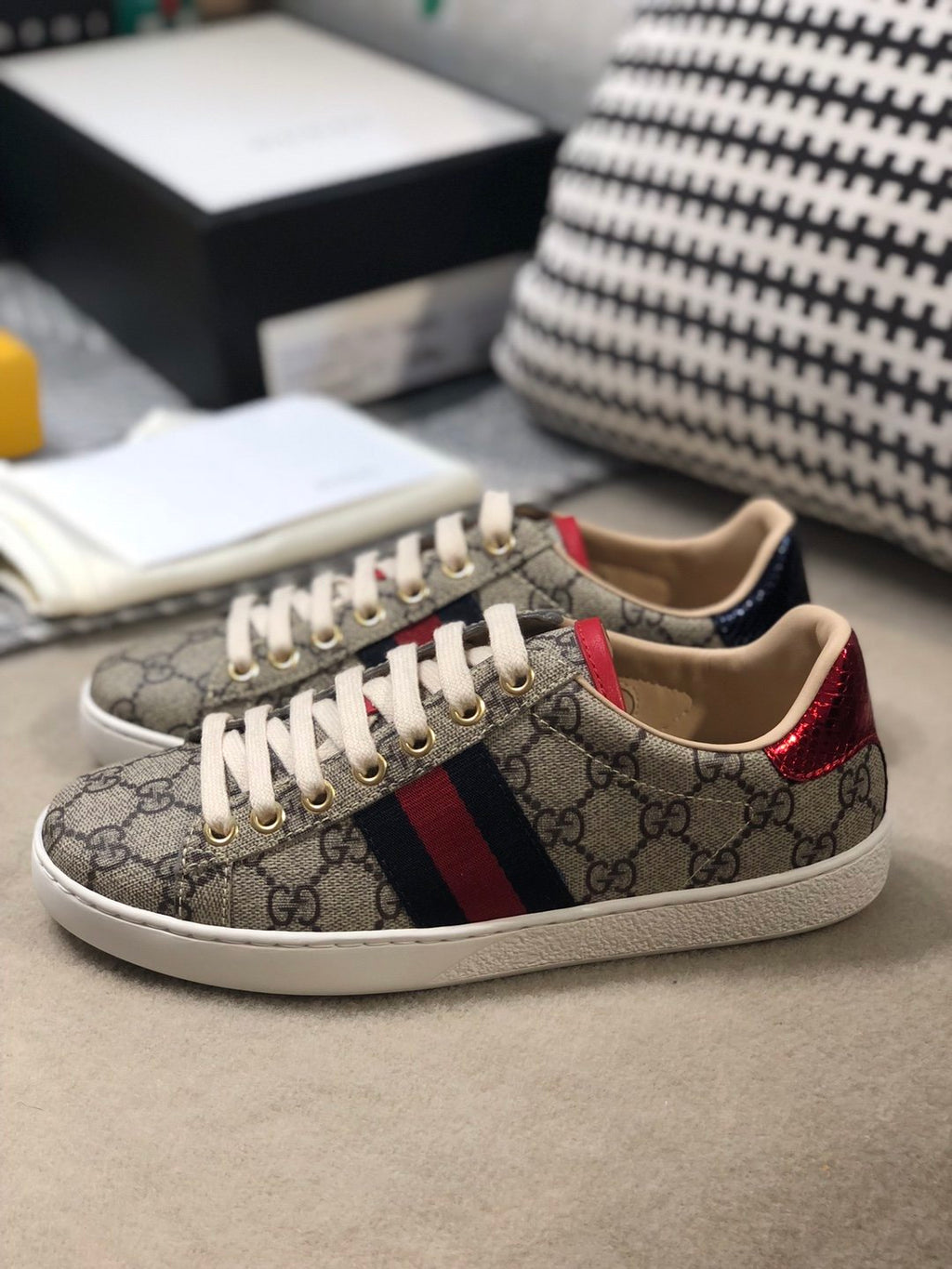 Women's Beige & dark-brown coated-canvas sneakers