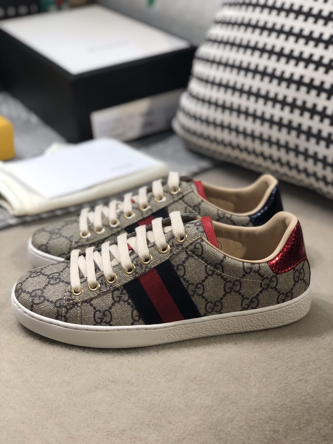 Women's Beige & dark-brown coated-canvas sneakers