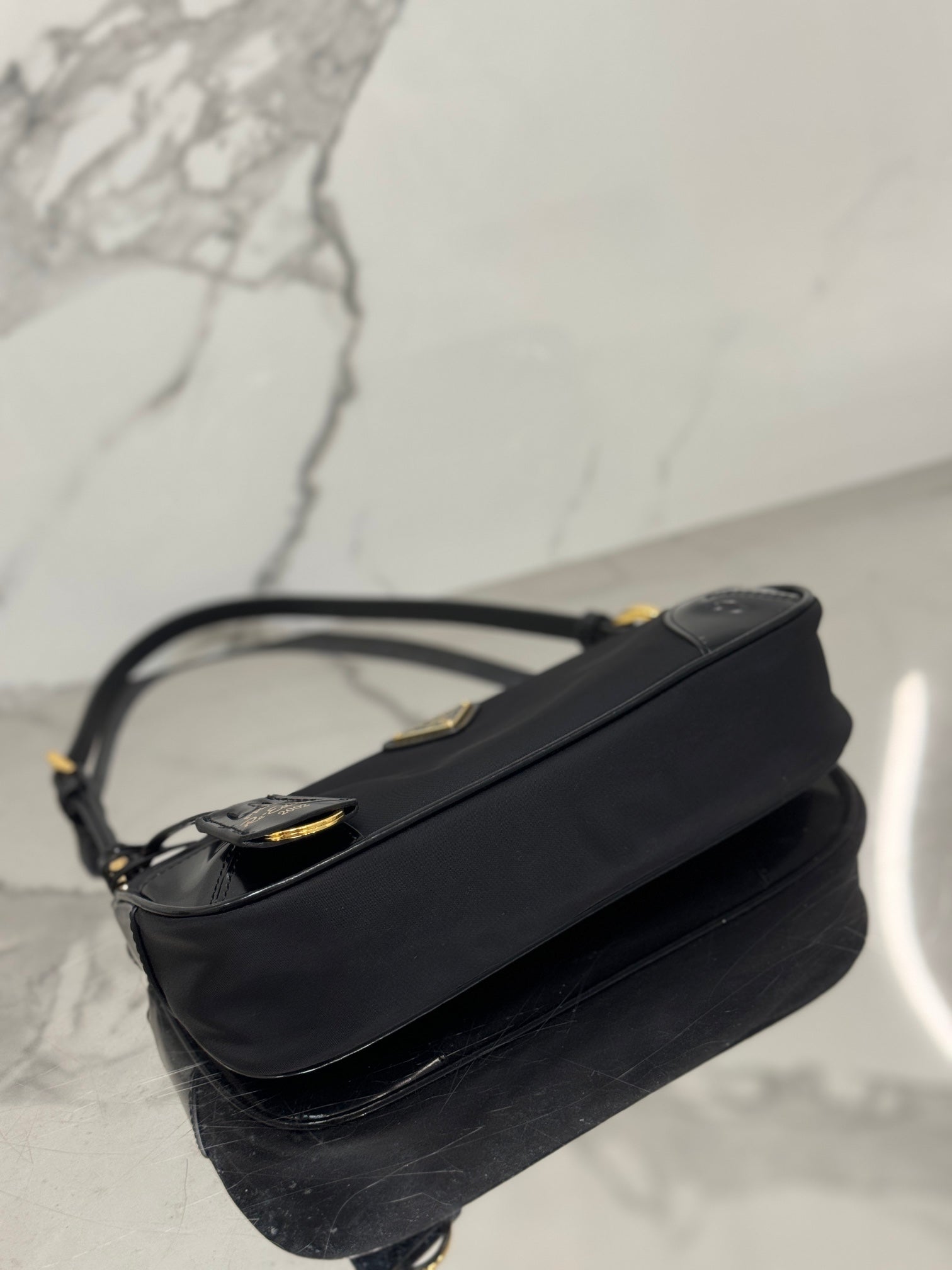 Black Re-Nylon & Brushed Leather Shoulder Bag