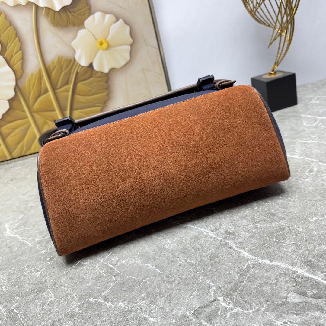 Blue/Coffee Large Re-Nylon & Leather Shoulder Bag