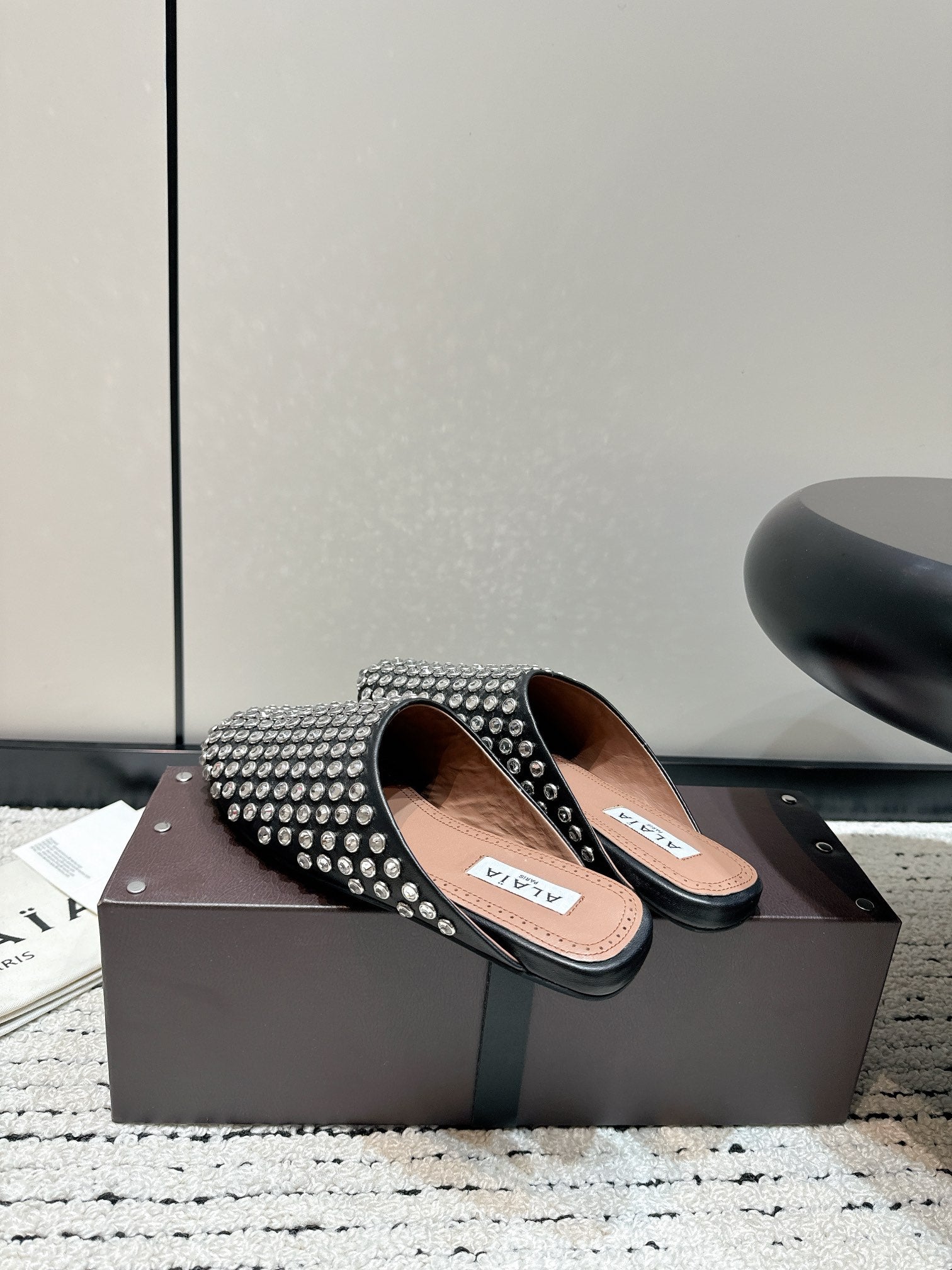 Black Flat Mules In Strass Leather