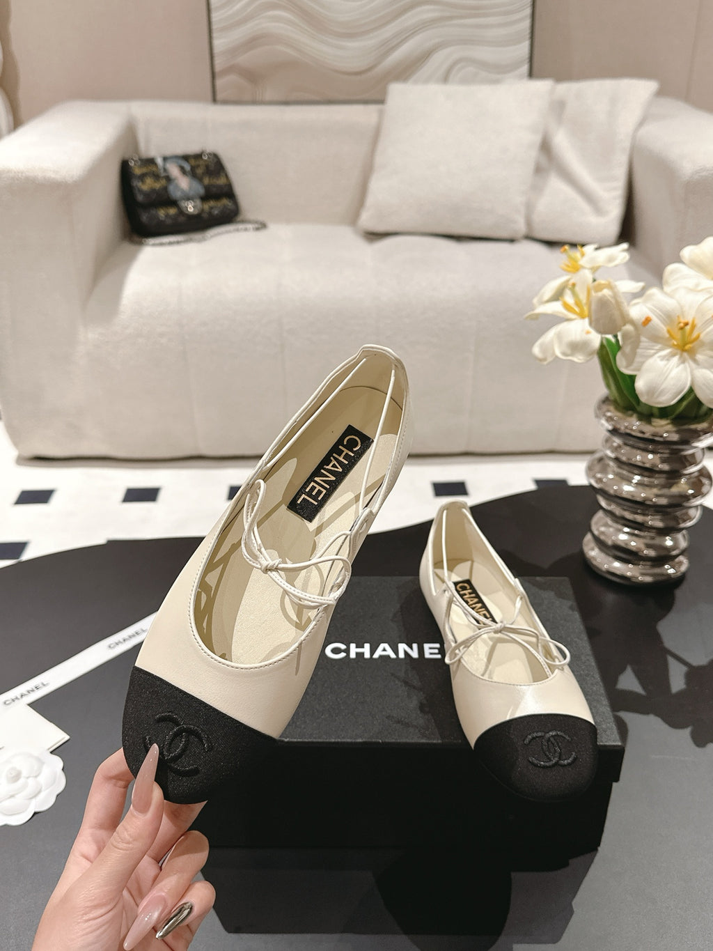 Ivory & Black MJ Ballerinas