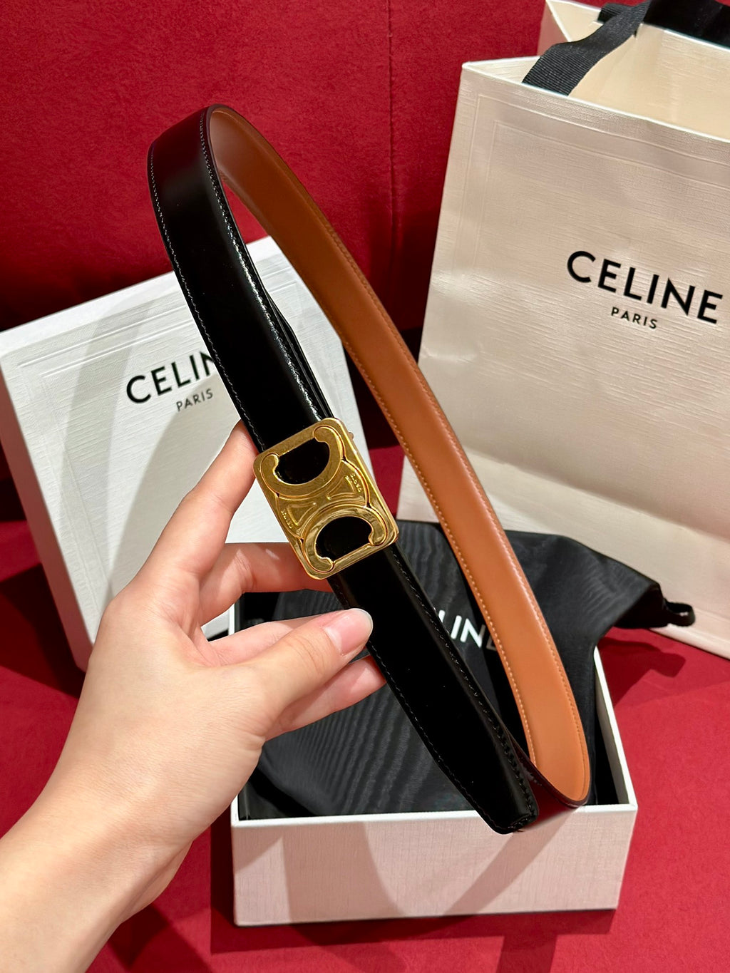 Tan/Black Medium Reversible Framed Triomphe Belt