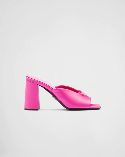 Pink High-heeled satin slides
