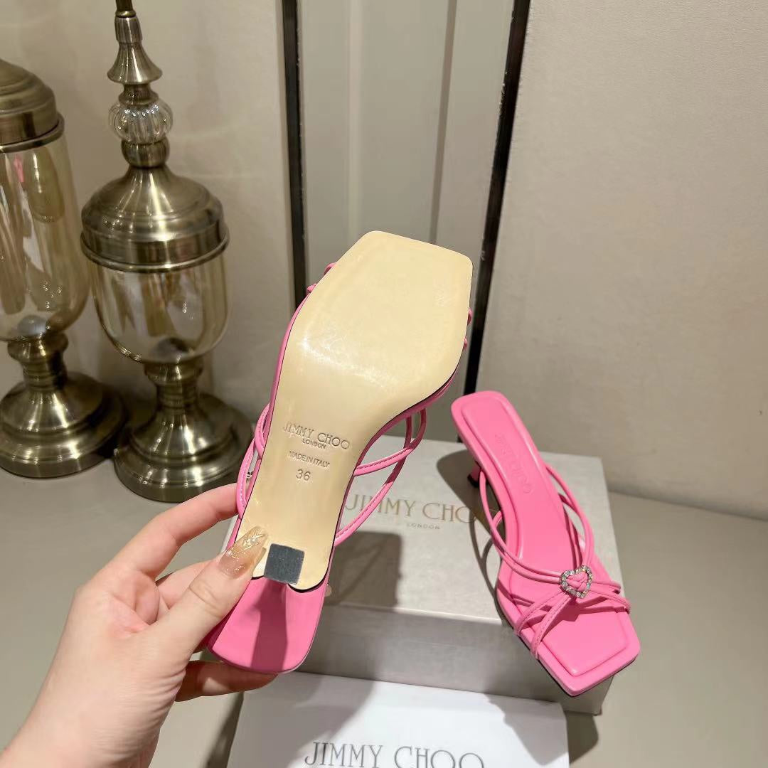 Candy Pink Leather Mules with Crystal Hearts