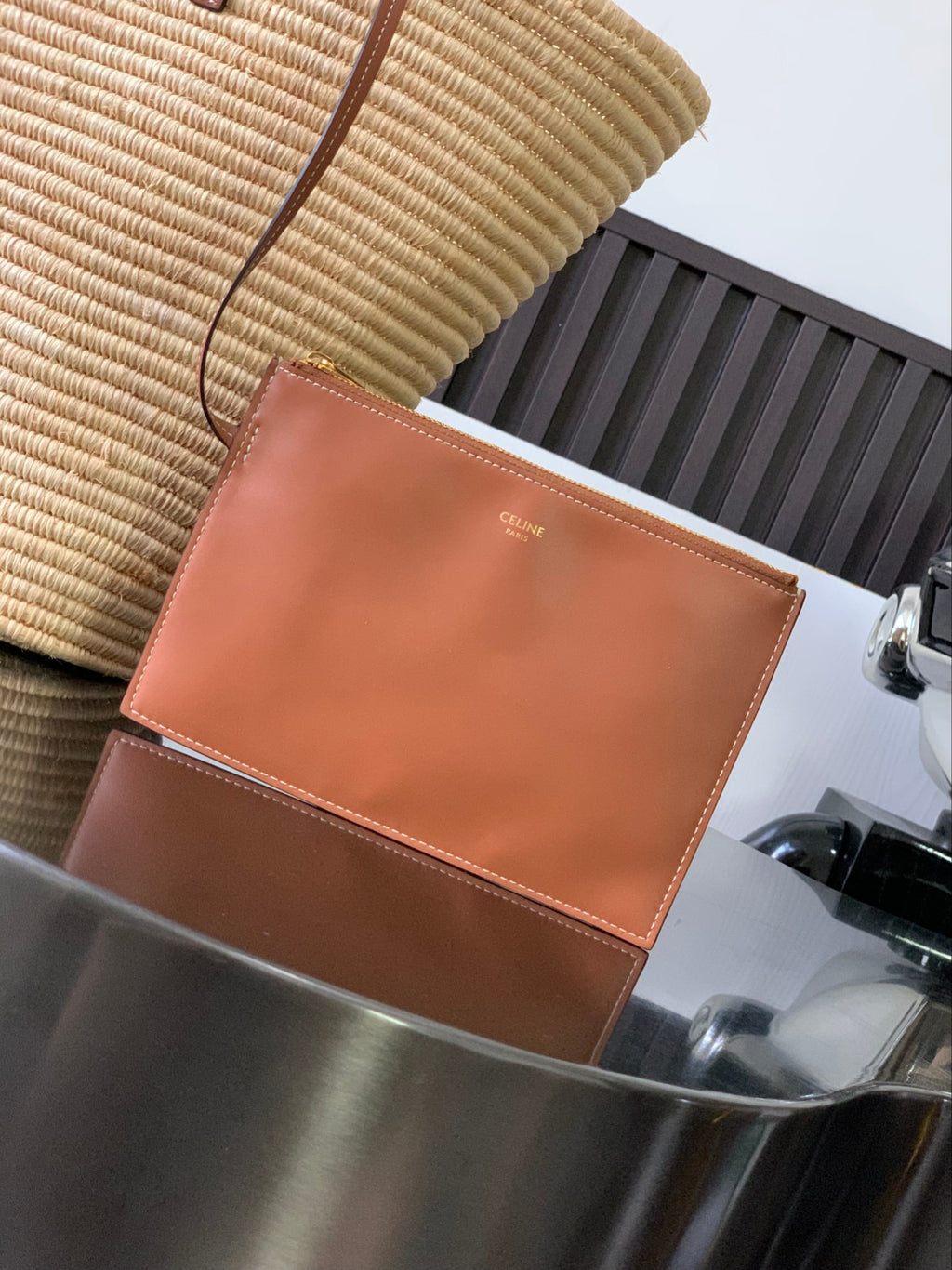 Tan Classic Panier Medium Braided In Raffia & Leather