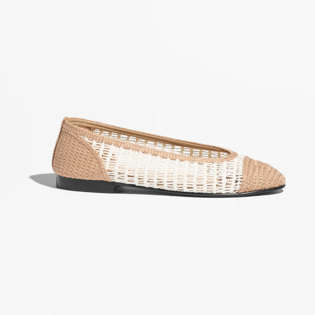 White & Beige Raffia Ballet Flats