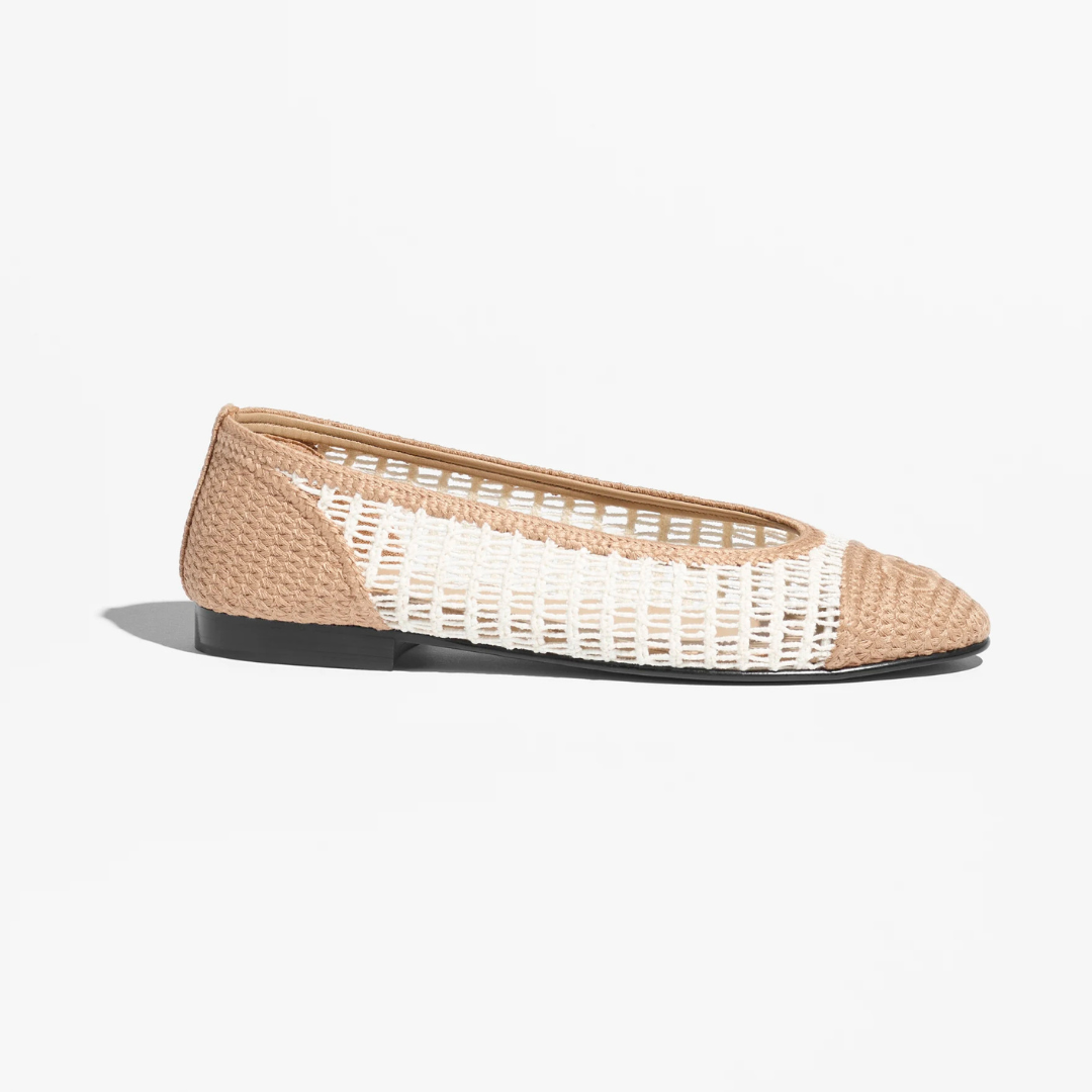 White & Beige Raffia Ballet Flats