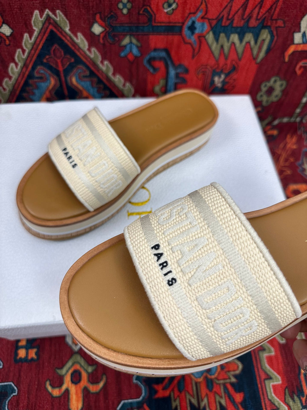Natural Raffia & White Embroidered DD Platform Slide