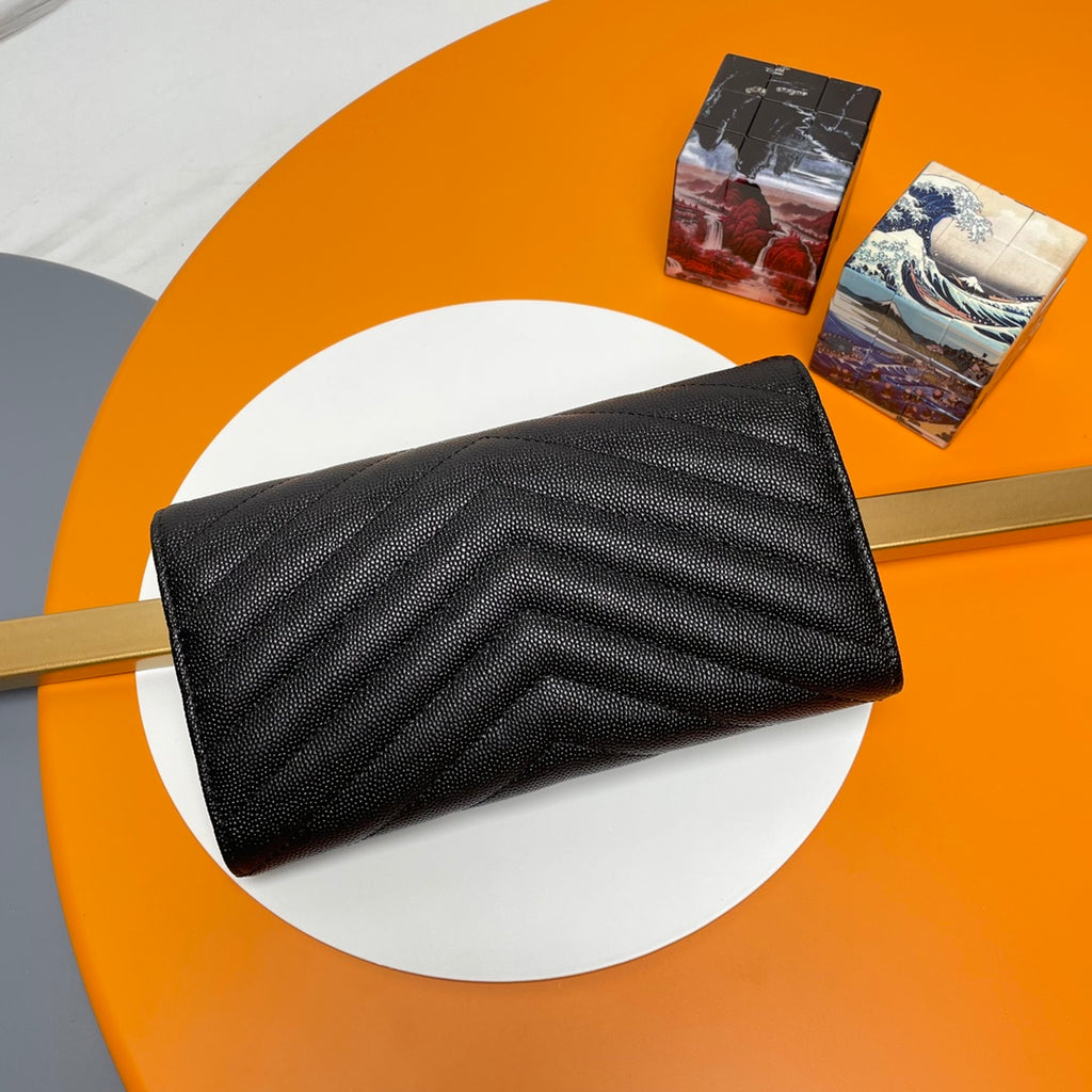 Black Large Flap Wallet With Gold-Tone Hardware