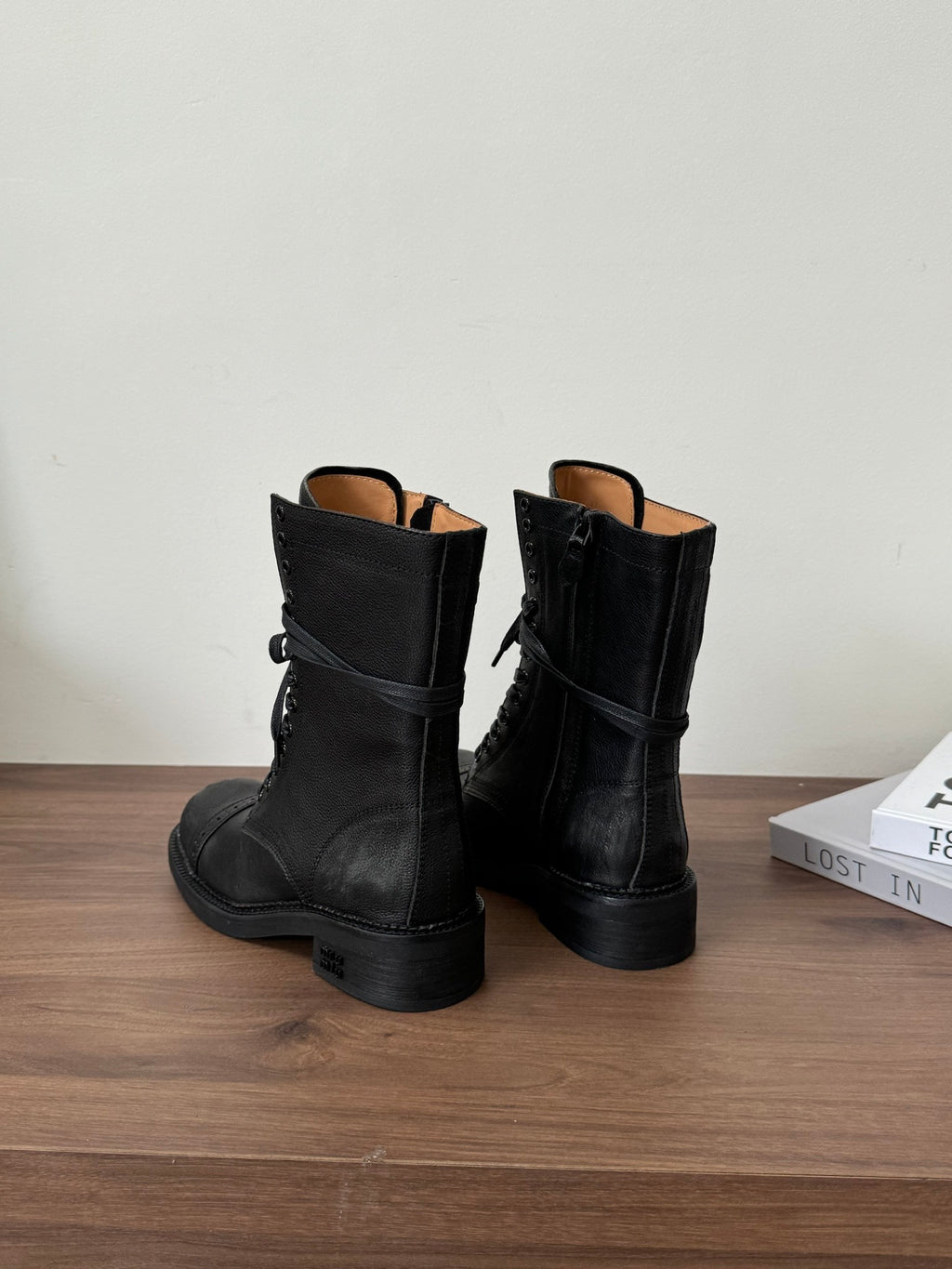 Black Leather Laced Booties