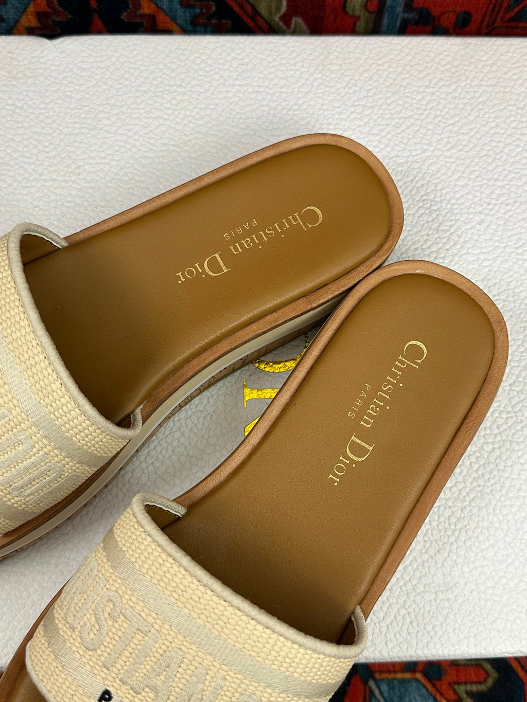 Natural Raffia & White Embroidered DD Platform Slide