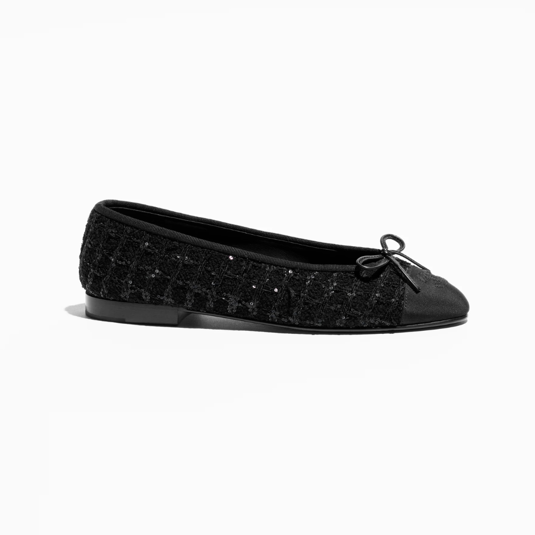 Black Glittered Tweed Ballet Flats