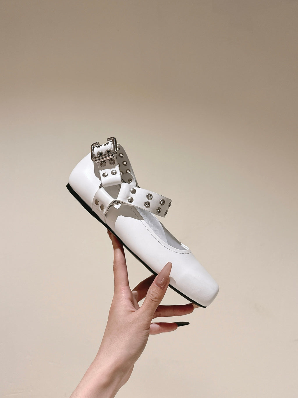 White Biker Ballet Flats