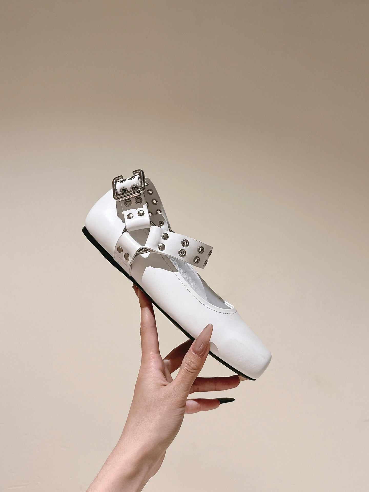 White Biker Ballet Flats