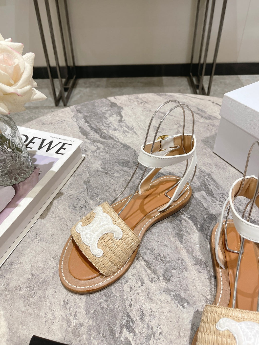 Beige & White CL Flat Strap Sandal