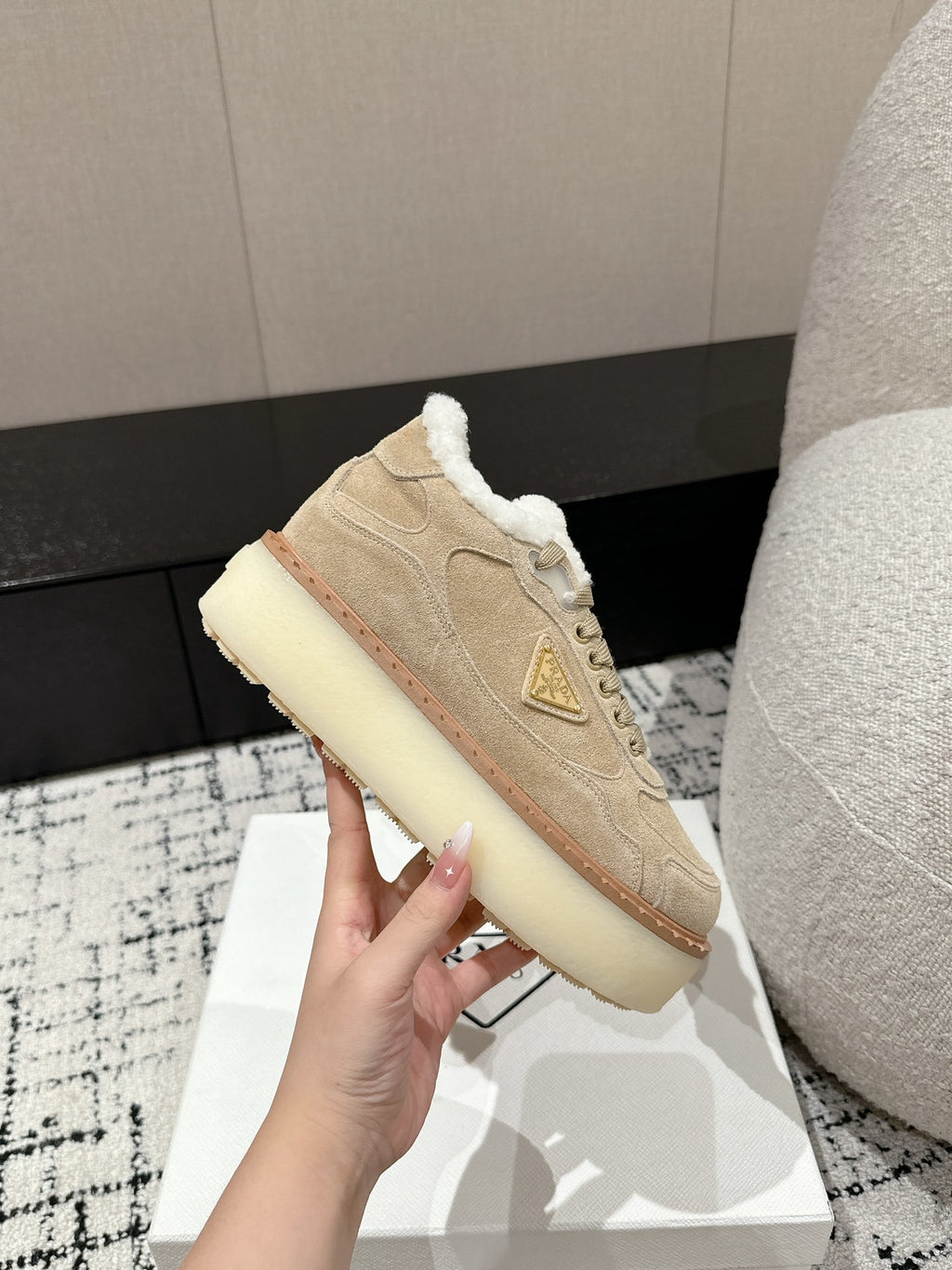 Ecru Suede Mid-Top Sneakers
