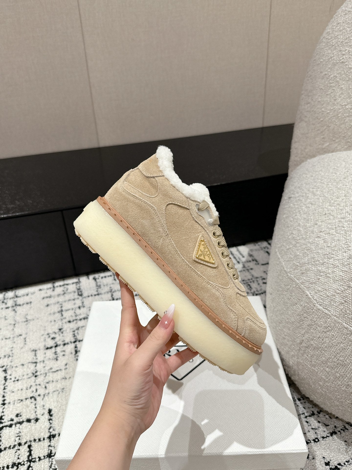 Ecru Suede Mid-Top Sneakers