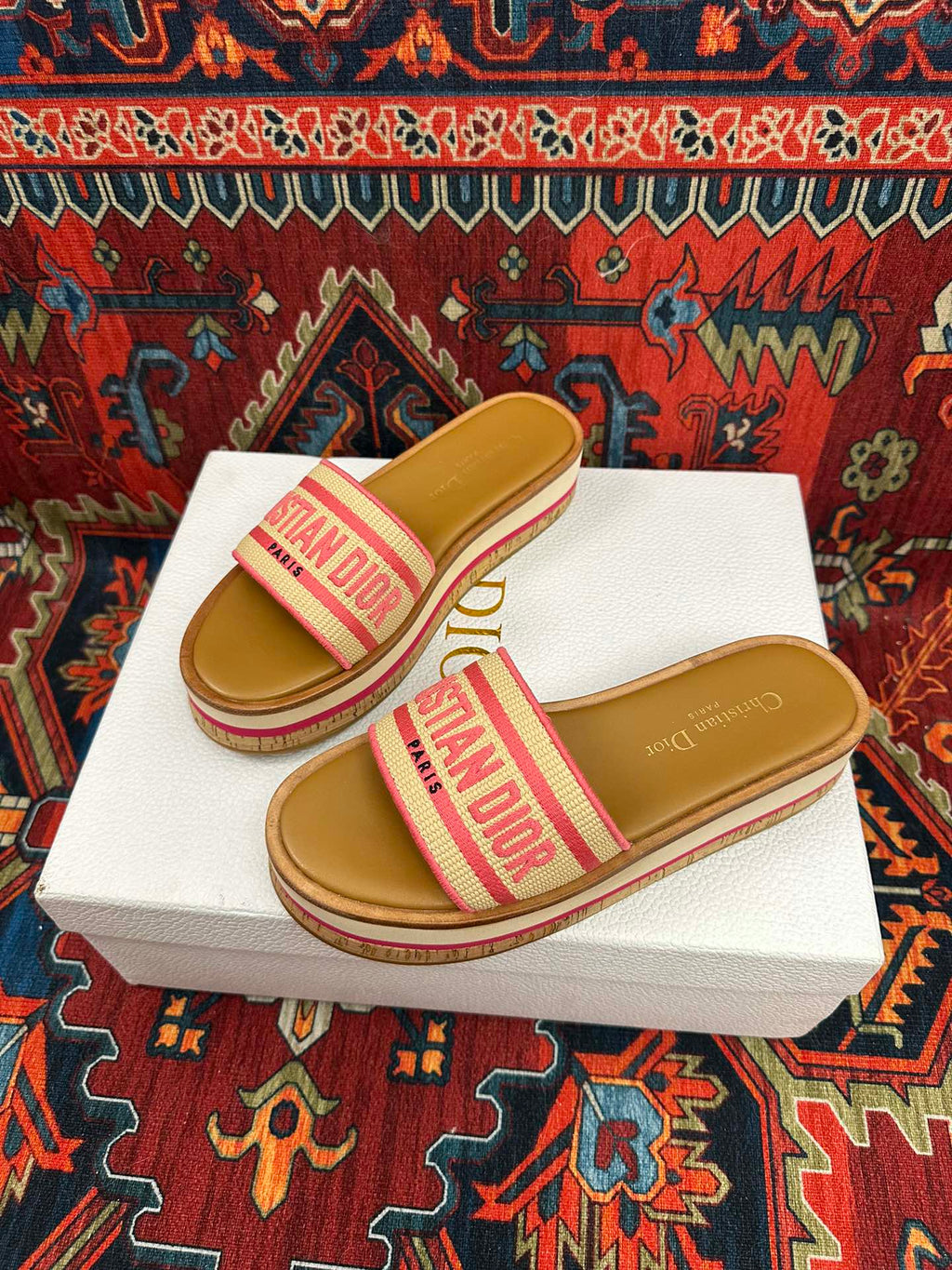 Natural Raffia & Pink Embroidered DD Platform Slide