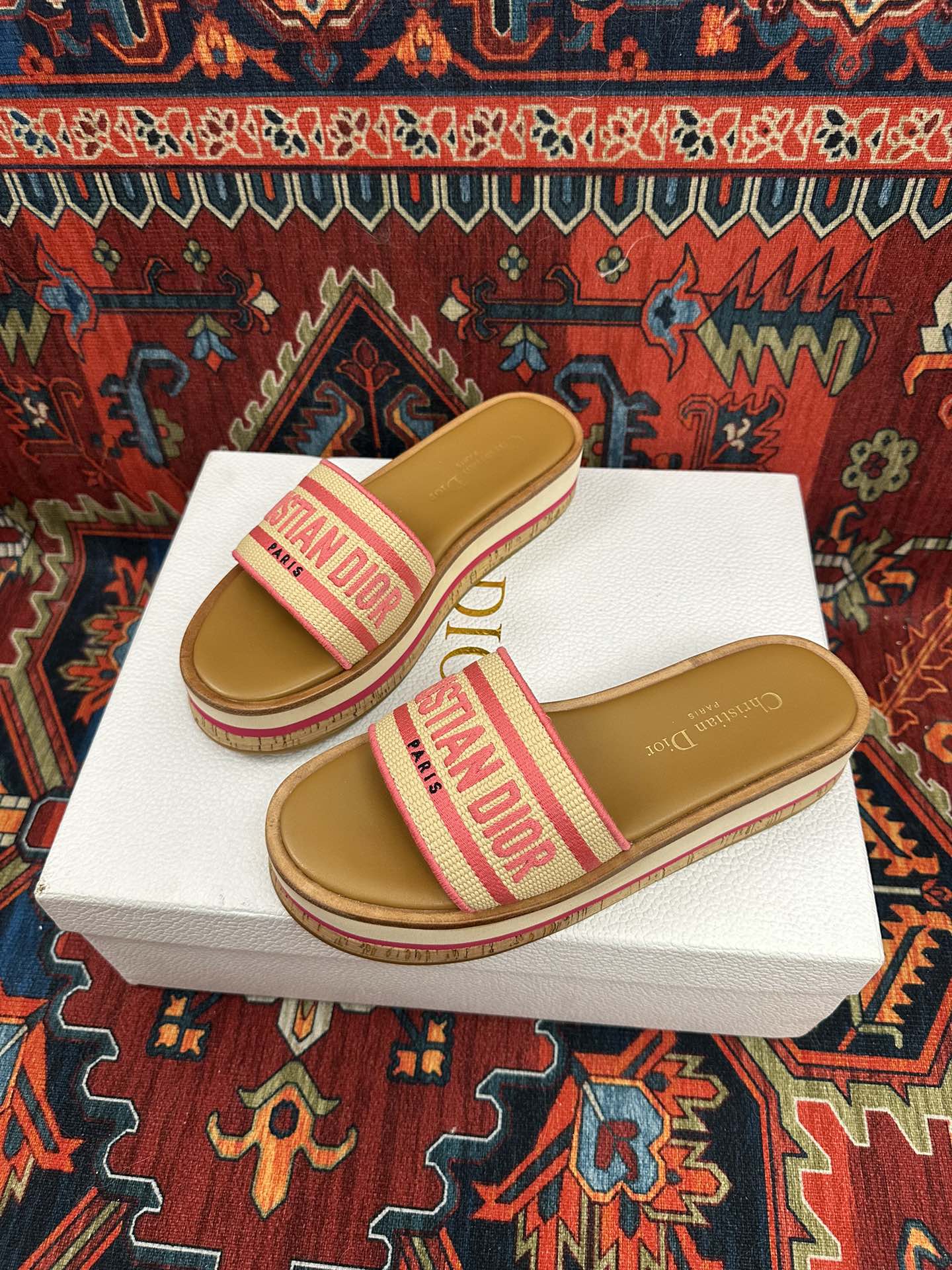 Natural Raffia & Pink Embroidered DD Platform Slide