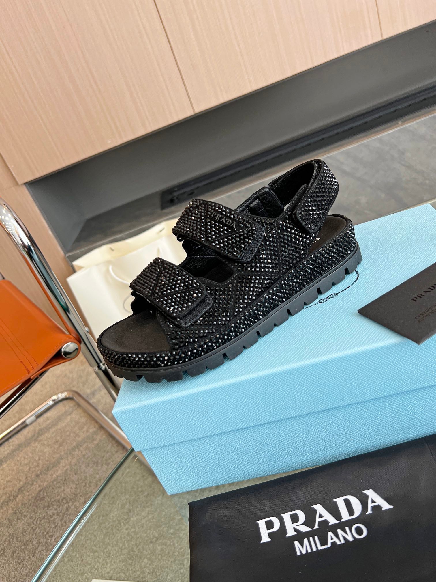 Black P satin sandals with crystals