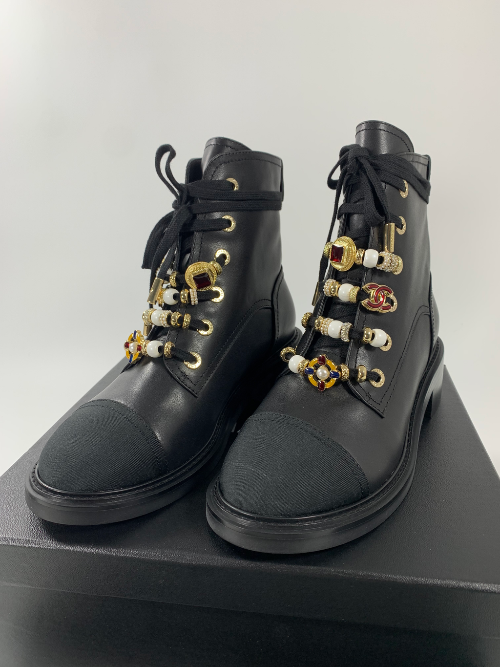 Leather, Grosgrain, Imitation Pearls, Strass & Metal Combat Boots