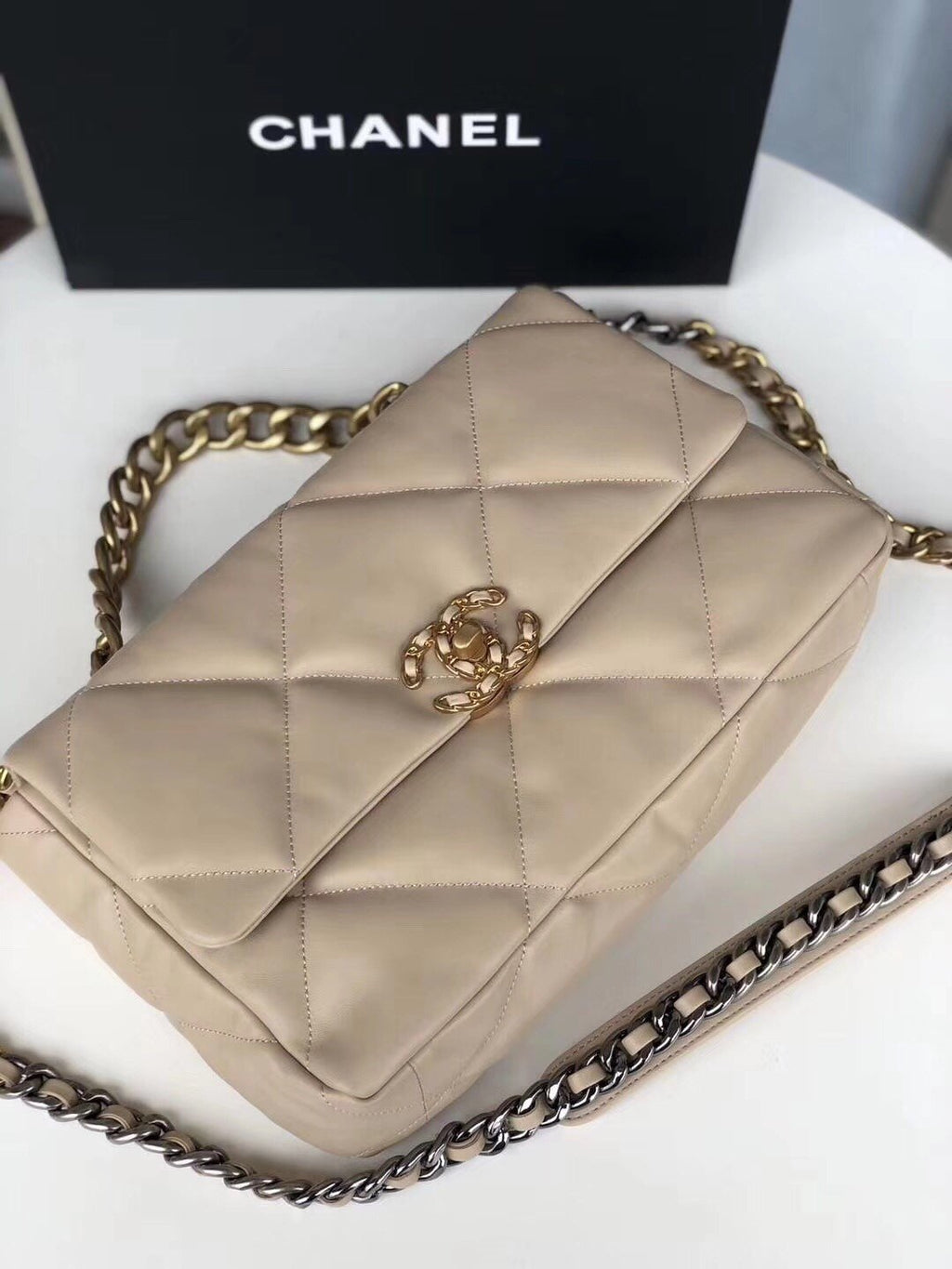 Large beige 19 flap bag
