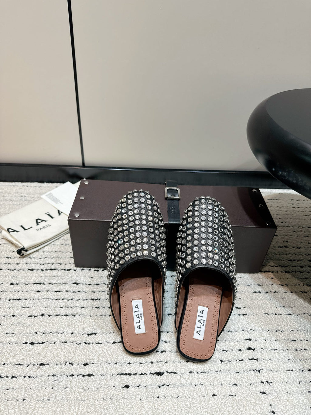 Black Flat Mules In Strass Leather