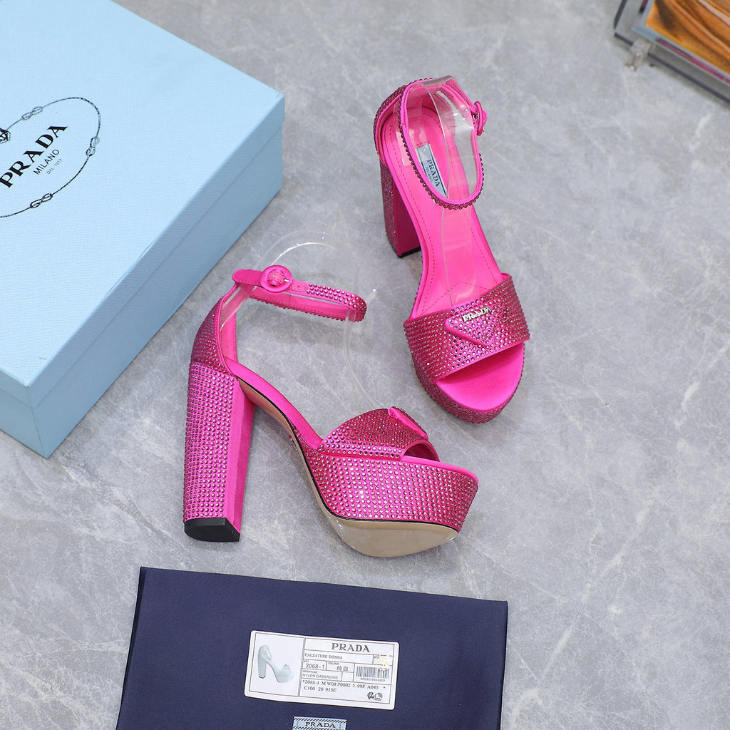 Pink Satin Platform Sandals With Crystals