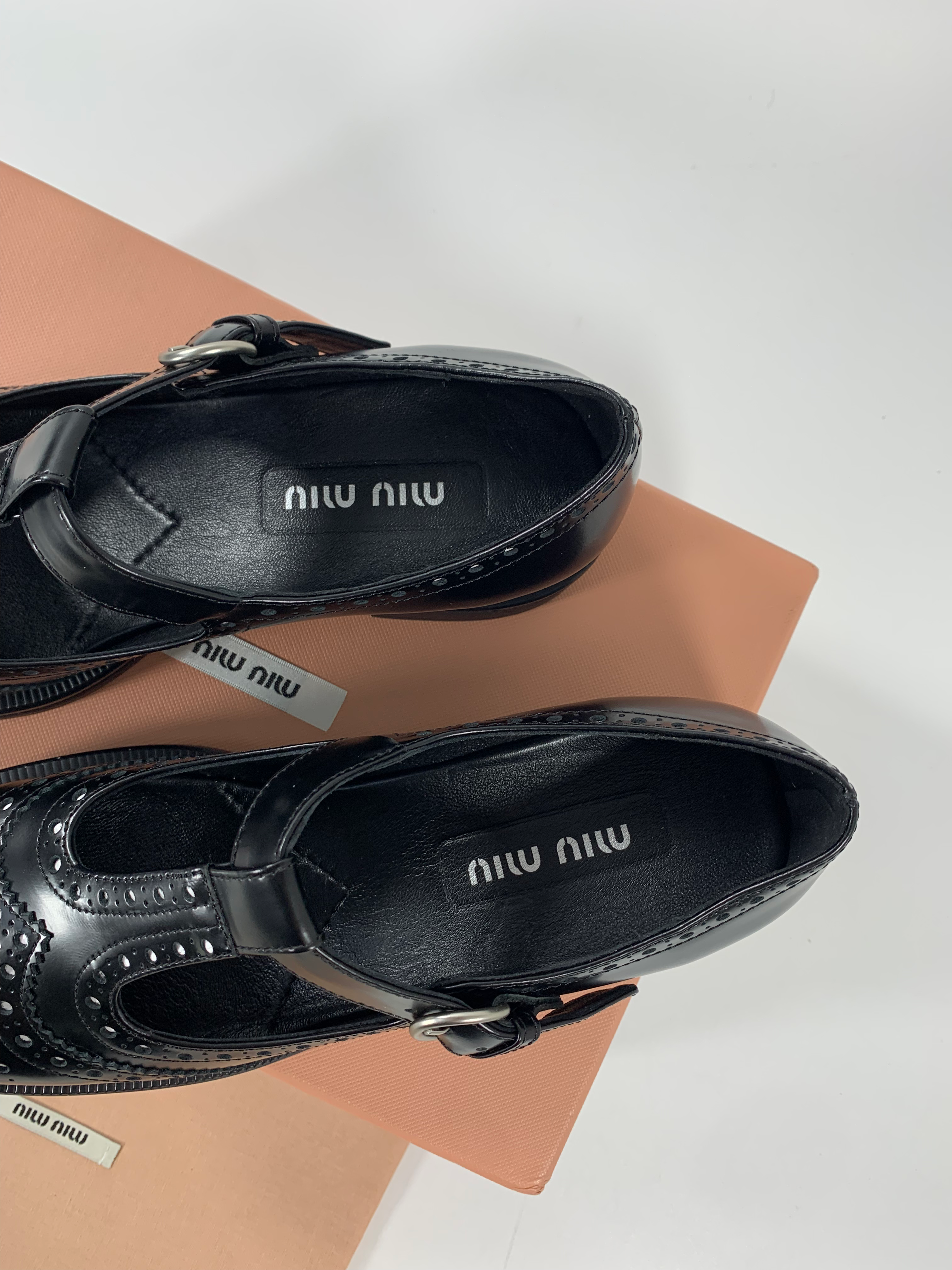 Black Brushed Leather T-Strap Brogue Shoes