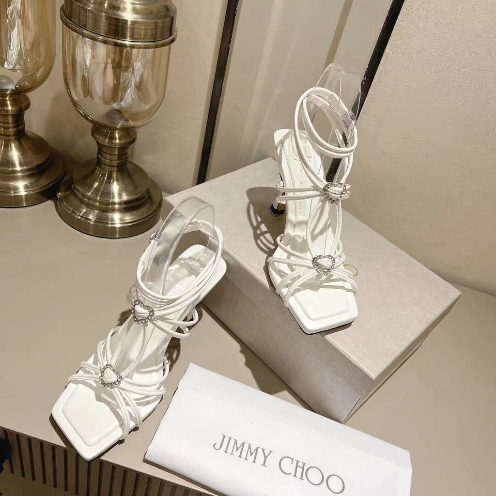 Latte Leather Sandals With Crystal Hearts