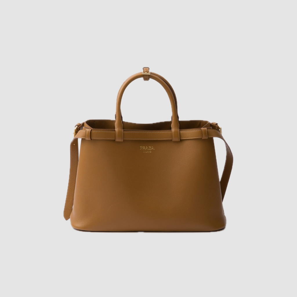 Caramel Buckle Medium Leather Handbag With Double Belt