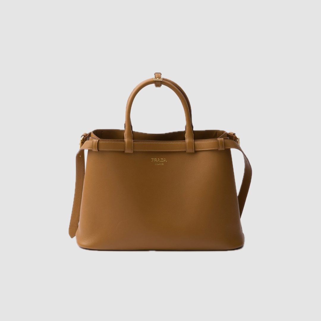 Caramel Buckle Medium Leather Handbag With Double Belt