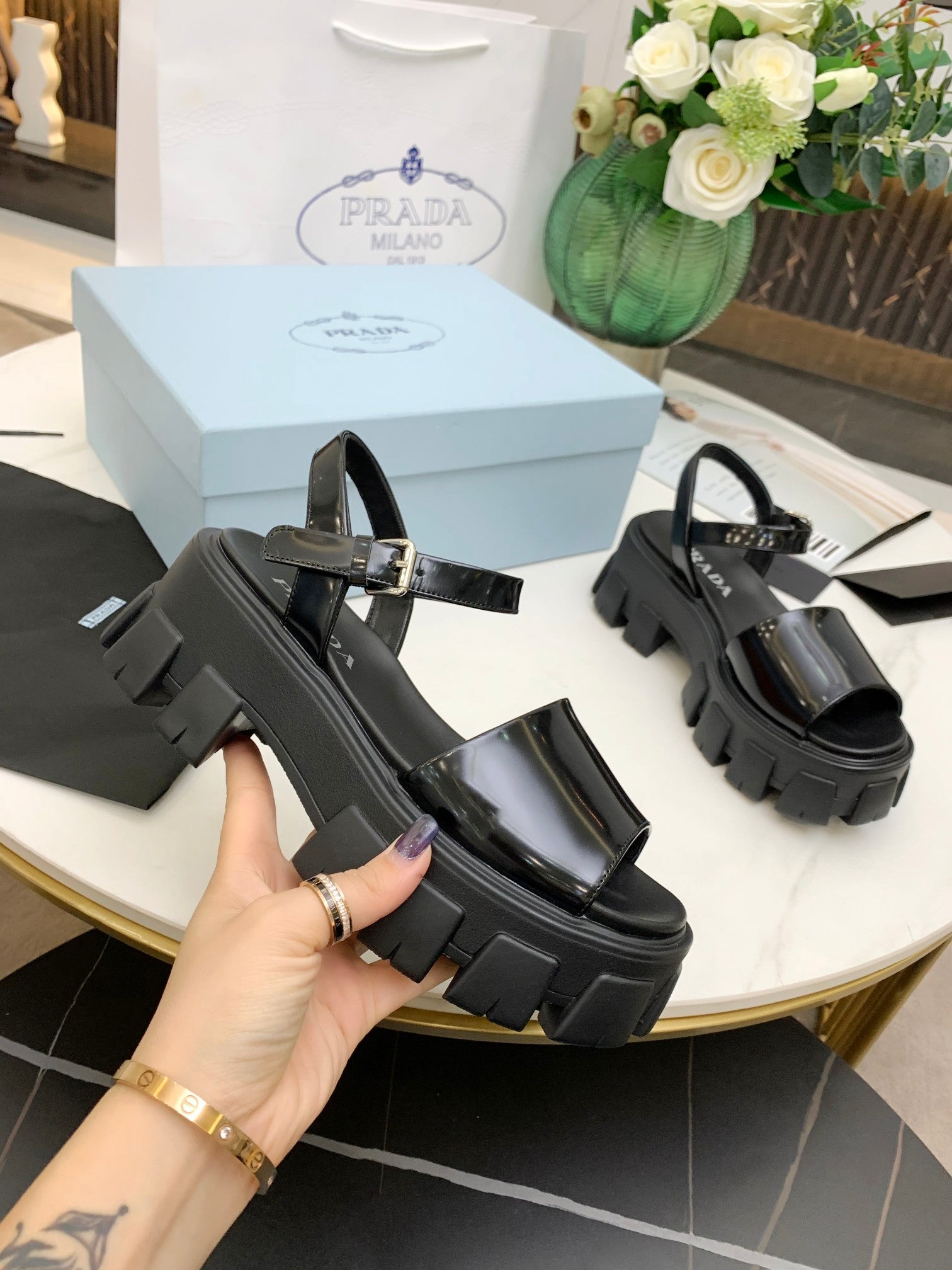 Black PM brushed leather sandals