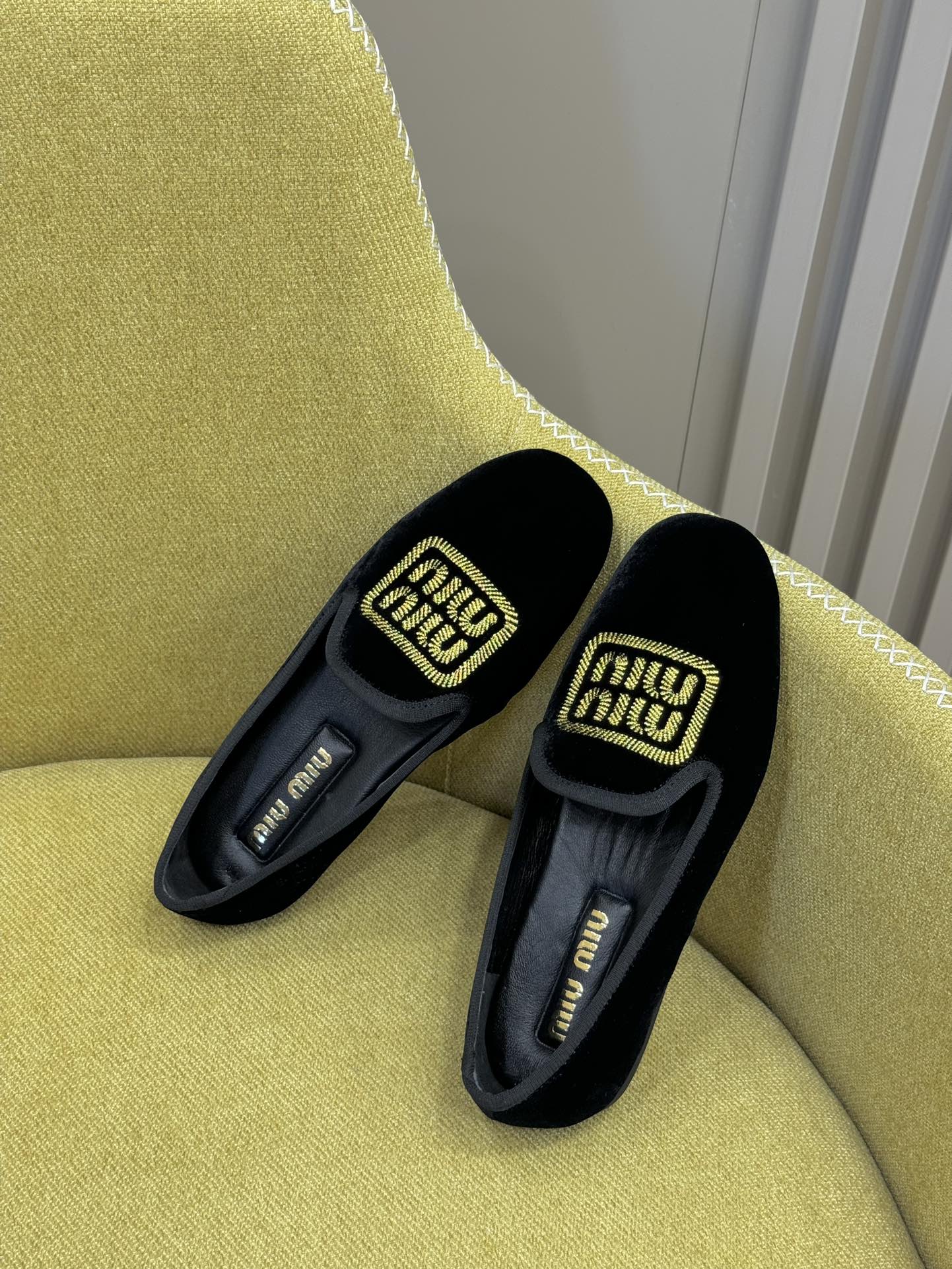 Black Velvet Slippers With Embroidered Logo